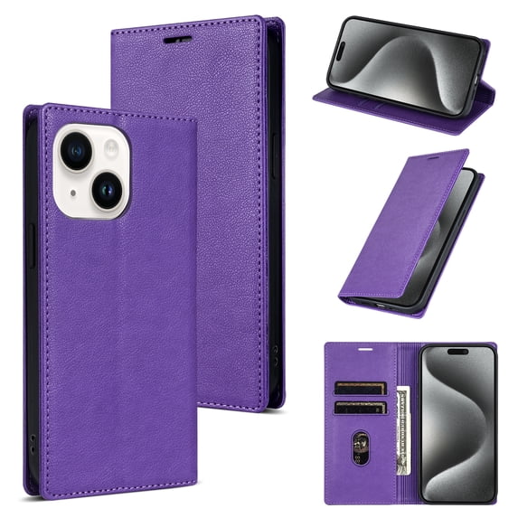 Feishell Wallet Case for iPhone 15, Premium PU Leather Magnetic Flip Kickstand Book Folio Full Body Case with RFID Blocking Credit Card Slots Shockproof Protective Phone Case,Purple