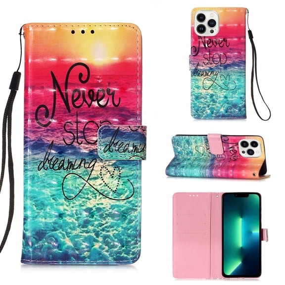Feishell Wallet Case for iPhone 15 Pro Max 6.7 inch,Shockproof Colorful Painted Pattern PU Leather Magnetic Clasp Flip Kickstand ID Credit Card Slots Slim Fit Phone Case Cover,Never Stop Dreaming