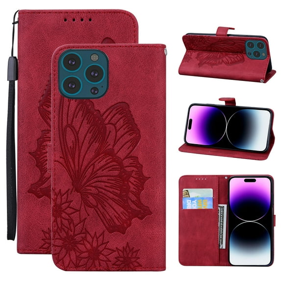 Feishell Wallet Case For iPhone 15 Pro Max, Magnetic Folio Card Slots Holder Kickstand Premium PU Leather Butterfly Patterned Embossed with Wrist Strap Cover For iPhone 15 Pro Max, Red