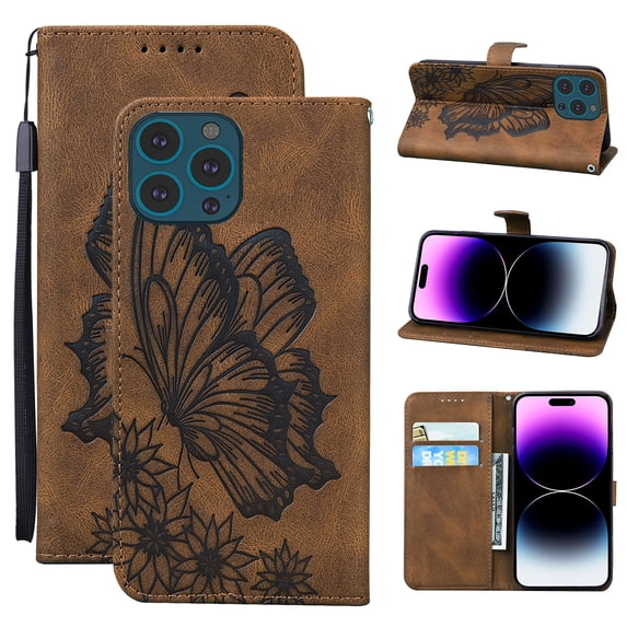 Feishell Wallet Case For iPhone 15 Pro Max, Magnetic Folio Card Slots Holder Kickstand Premium PU Leather Butterfly Patterned Embossed with Wrist Strap Cover For iPhone 15 Pro Max, Brown