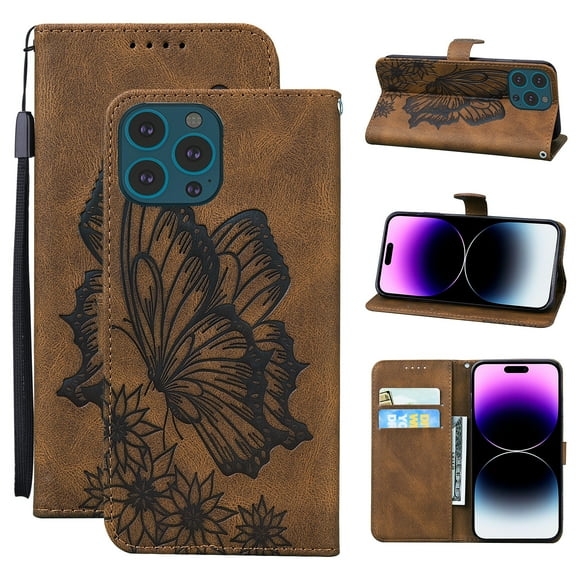 Feishell Wallet Case For iPhone 15 Pro Max, Magnetic Folio Card Slots Holder Kickstand Premium PU Leather Butterfly Patterned Embossed with Wrist Strap Cover For iPhone 15 Pro Max, Brown