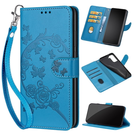 Feishell Wallet Case for iPhone 15 Pro, Premium Embossed PU Leather Flip Cover with Card Holder Kickstand Wrist Strap, Full Body Shockproof Phone Protection Case for iPhone 15 Pro, S3blue
