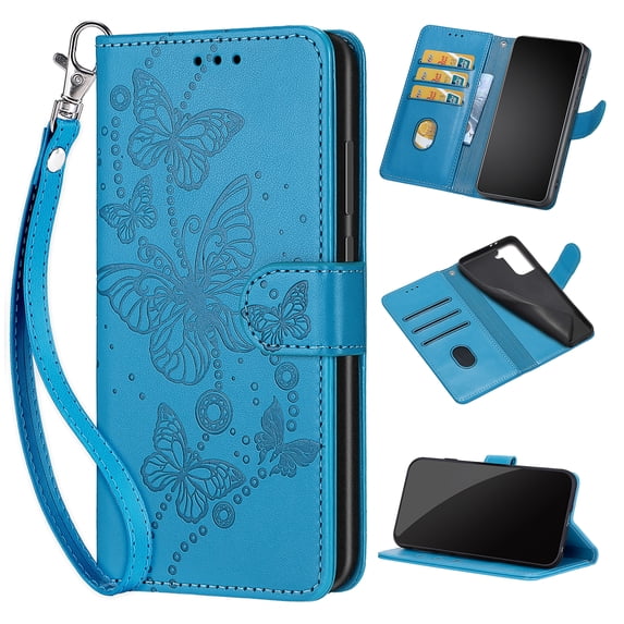 Feishell Wallet Case for iPhone 15 Pro, Premium Embossed PU Leather Flip Cover with Card Holder Kickstand Wrist Strap, Full Body Shockproof Phone Protection Case for iPhone 15 Pro, S4blue