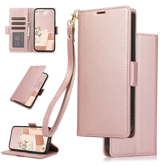 Feishell Wallet Case for iPhone 15 Pro, Premium PU Leather Magnetic Closure Flip Kickstand Folio Case with RFID Blocking Credit Card Slots Shockproof Phone Cover with Wrist Strap,Rosegold