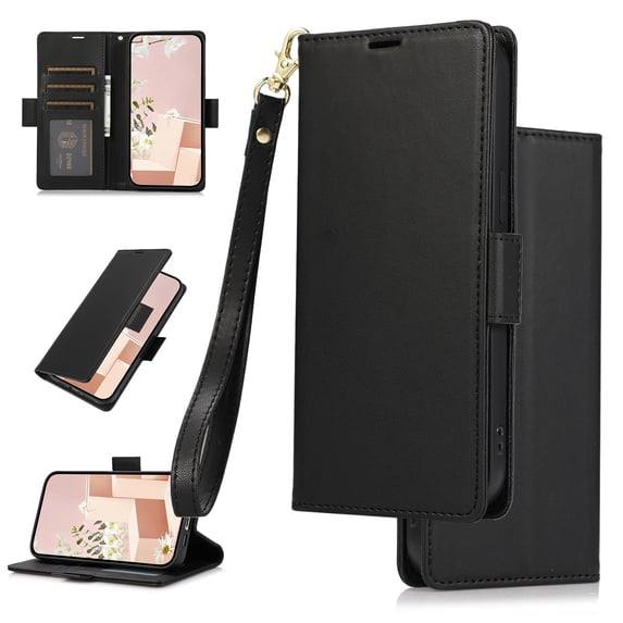 Feishell Wallet Case for iPhone 15 Pro, Premium PU Leather Magnetic Closure Flip Kickstand Folio Case with RFID Blocking Credit Card Slots Shockproof Phone Cover with Wrist Strap,Black