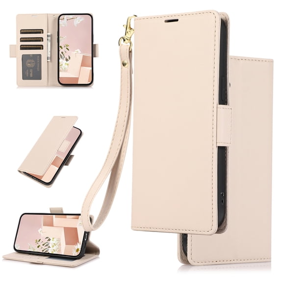 Feishell Wallet Case for iPhone 15 Pro, Premium PU Leather Magnetic Closure Flip Kickstand Folio Case with RFID Blocking Credit Card Slots Shockproof Phone Cover with Wrist Strap,Apricot