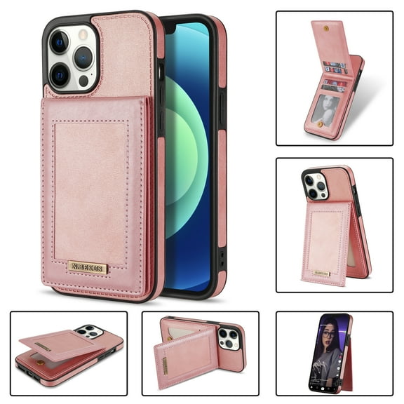 Feishell Wallet Case for iPhone 15 Pro, [RFID Blocking] Credit Card Holder Back Magnetic Buckle Luxury Premium PU Leather Purse Flip Kickstand Shockproof Cover For iPhone 15 Pro, Rosegold
