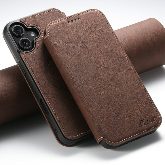 Feishell Wallet Case for iPhone 16 Pro,Compatible with MagSafe Wireless Charging,Retro PU Leather Magnetic Closure Folio Flip Stand Credit Card Slots Shockproof Slim Phone Case,Brown