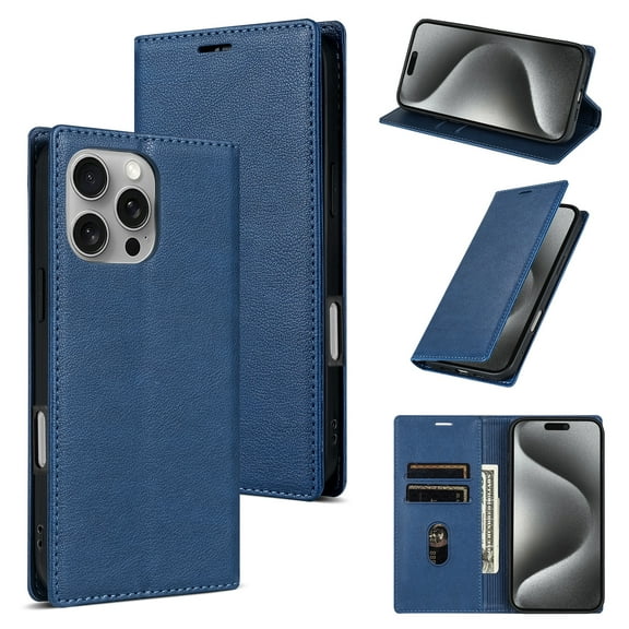 Feishell Wallet Case for iPhone 16 Pro, Premium PU Leather Magnetic Flip Kickstand Book Folio Full Body Case with RFID Blocking Credit Card Slots Shockproof Protective Phone Case,Blue