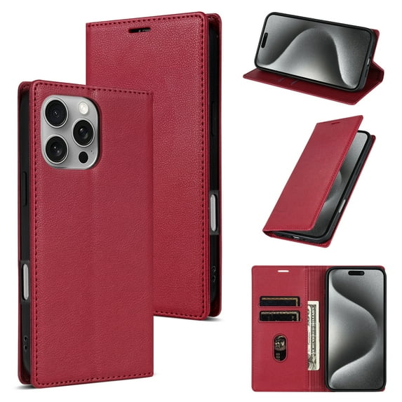 Feishell Wallet Case for iPhone 16 Pro, Premium PU Leather Magnetic Flip Kickstand Book Folio Full Body Case with RFID Blocking Credit Card Slots Shockproof Protective Phone Case,Red