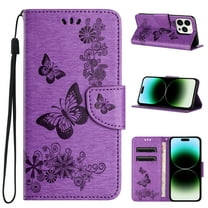 Feishell Wallet Case for iPhone 16 Pro,Retro PU Leather Butterfly Embossed Pattern Full Protection Anti-Scratch Magnetic Clasp Flip Holder Card Slots & Cash Pocket Phone Cover,Purple