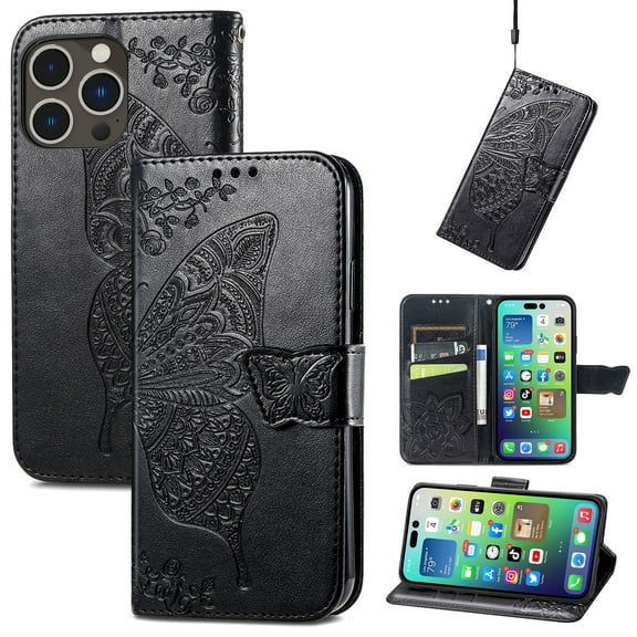 Feishell Wallet Case for iPhone 16 Pro with Wrist Strap,Butterfly & Flower Embossed PU Leather TPU Inner Shell Magnetic Flip Stand Card Slots Shockproof Protective Phone Cover,Black