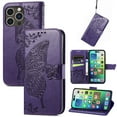 thumbnail image 1 of Feishell Wallet Case for iPhone 16 with Wrist Strap,Butterfly & Flower Embossed PU Leather TPU Inner Shell Magnetic Flip Stand Card Slots Shockproof Protective Phone Cover,Purple, 1 of 6