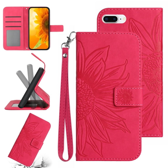 Feishell Wallet Case for iPhone 8 Plus/iPhone 7 Plus,for Men Women,Sunflower Embossed Pattern PU Leather Flip Cover Magnetic Closure Folio Card Slots Kickstand Phone Case with Hand Strap,Rose