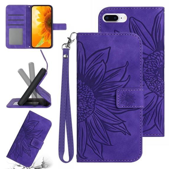 Feishell Wallet Case for iPhone 8 Plus/iPhone 7 Plus,for Men Women,Sunflower Embossed Pattern PU Leather Flip Cover Magnetic Closure Folio Card Slots Kickstand Phone Case with Hand Strap,Darkpurple