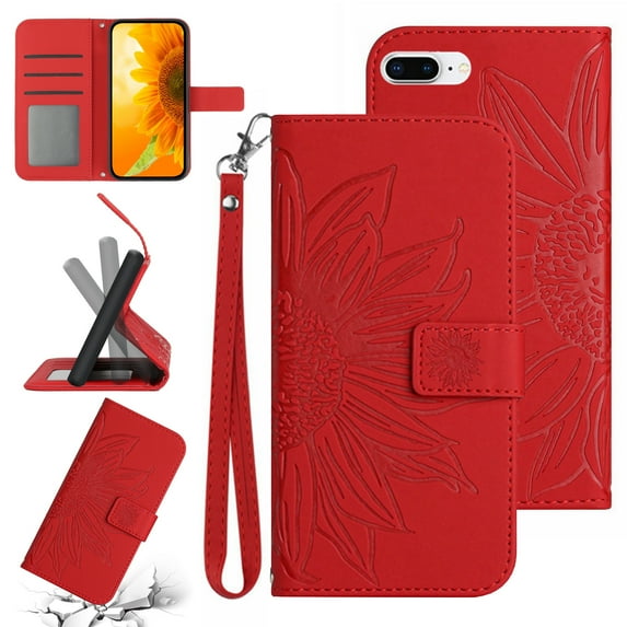 Feishell Wallet Case for iPhone 8 Plus/iPhone 7 Plus,for Men Women,Sunflower Embossed Pattern PU Leather Flip Cover Magnetic Closure Folio Card Slots Kickstand Phone Case with Hand Strap,Red