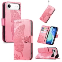 Feishell Wallet Case for iPhone Air with Hand Strap,Butterfly & Flower Embossed PU Leather TPU Inner Shell Magnetic Flip Stand Card Slots Shockproof Protective Phone Cover,Pink