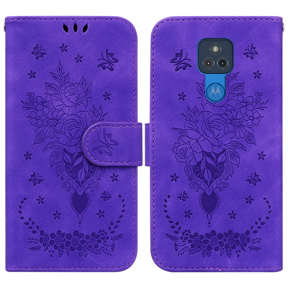 Feishell Wallet Phone Case for Motorola Moto G Play 2021,for Women Men,Butterfly & Rose Embossed PU Leather Magnetic Clasp Flip Stand Card Slots Shockproof Ultra Thin Protective Cover,Purple