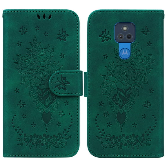 Feishell Wallet Phone Case for Motorola Moto G Play 2021,for Women Men,Butterfly & Rose Embossed PU Leather Magnetic Clasp Flip Stand Card Slots Shockproof Ultra Thin Protective Cover,Green