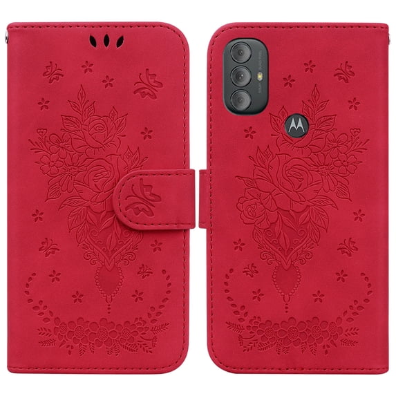 Feishell Wallet Phone Case for Motorola Moto G Power (2022),for Women Men,Butterfly & Rose Embossed PU Leather Magnetic Clasp Flip Stand Card Slots Shockproof Ultra Thin Protective Cover,Red