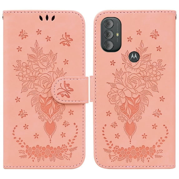 Feishell Wallet Phone Case for Motorola Moto G Power (2022),for Women Men,Butterfly & Rose Embossed PU Leather Magnetic Clasp Flip Stand Card Slots Shockproof Ultra Thin Protective Cover,Pink
