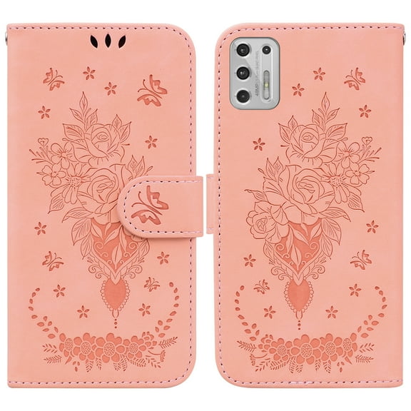 Feishell Wallet Phone Case for Motorola Moto G Stylus 4G (2021),for Women Men,Butterfly & Rose Embossed PU Leather Magnetic Clasp Flip Stand Card Slots Shockproof Ultra Thin Protective Cover,Pink