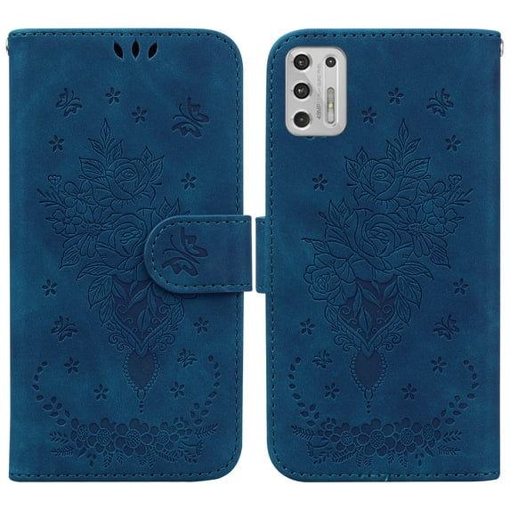 Feishell Wallet Phone Case for Motorola Moto G Stylus 4G (2021),for Women Men,Butterfly & Rose Embossed PU Leather Magnetic Clasp Flip Stand Card Slots Shockproof Ultra Thin Protective Cover,Blue