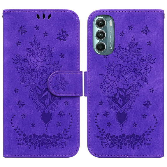 Feishell Wallet Phone Case for Motorola Moto G Stylus 5G (2022),for Women Men,Butterfly & Rose Embossed PU Leather Magnetic Clasp Flip Stand Card Slots Shockproof Ultra Thin Protective Cover,Purple