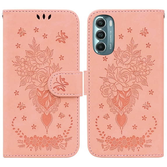 Feishell Wallet Phone Case for Motorola Moto G Stylus 5G (2022),for Women Men,Butterfly & Rose Embossed PU Leather Magnetic Clasp Flip Stand Card Slots Shockproof Ultra Thin Protective Cover,Pink