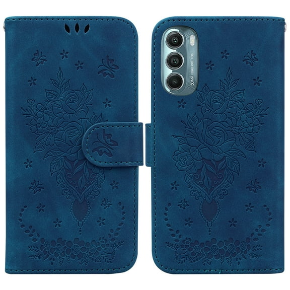 Feishell Wallet Phone Case for Motorola Moto G Stylus 5G (2022),for Women Men,Butterfly & Rose Embossed PU Leather Magnetic Clasp Flip Stand Card Slots Shockproof Ultra Thin Protective Cover,Blue