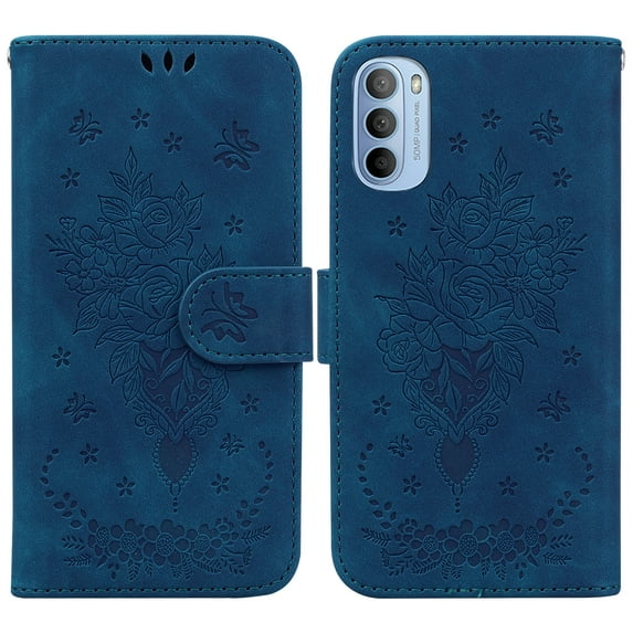 Feishell Wallet Phone Case for Motorola Moto G51 5G,for Women Men,Butterfly & Rose Embossed PU Leather Magnetic Clasp Flip Stand Card Slots Shockproof Ultra Thin Protective Cover,Blue