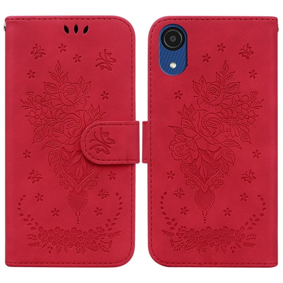 Feishell Wallet Phone Case for Samsung Galaxy A03 Core,for Women Men,Butterfly & Rose Embossed PU Leather Magnetic Clasp Flip Stand Card Slots Shockproof Ultra Thin Protective Cover,Red