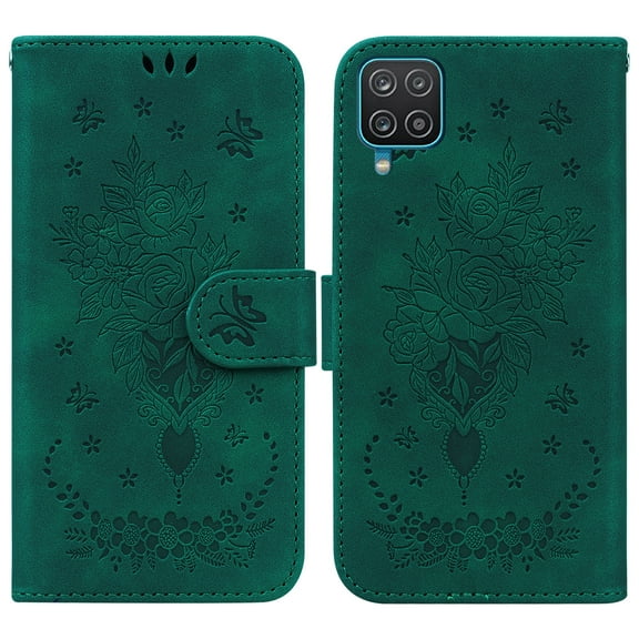 Feishell Wallet Phone Case for Samsung Galaxy A12 5G,for Women Men,Butterfly & Rose Embossed PU Leather Magnetic Clasp Flip Stand Card Slots Shockproof Ultra Thin Protective Cover,Green