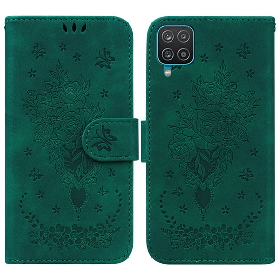 Feishell Wallet Phone Case for Samsung Galaxy A12 5G,for Women Men,Butterfly & Rose Embossed PU Leather Magnetic Clasp Flip Stand Card Slots Shockproof Ultra Thin Protective Cover,Green