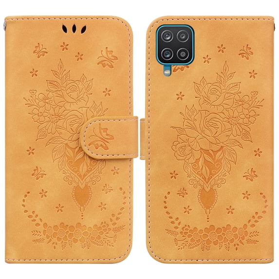 Feishell Wallet Phone Case for Samsung Galaxy A12 5G,for Women Men,Butterfly & Rose Embossed PU Leather Magnetic Clasp Flip Stand Card Slots Shockproof Ultra Thin Protective Cover,Yellow