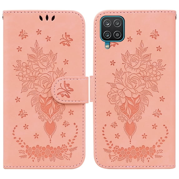 Feishell Wallet Phone Case for Samsung Galaxy A12 5G,for Women Men,Butterfly & Rose Embossed PU Leather Magnetic Clasp Flip Stand Card Slots Shockproof Ultra Thin Protective Cover,Pink