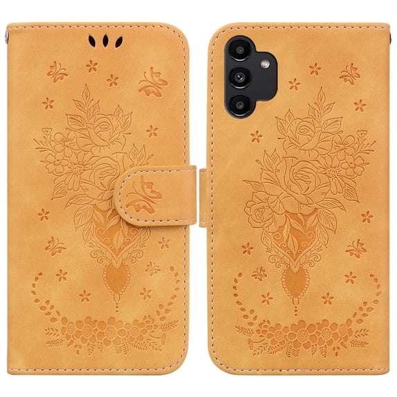 Feishell Wallet Phone Case for Samsung Galaxy A13 4G,for Women Men,Butterfly & Rose Embossed PU Leather Magnetic Clasp Flip Stand Card Slots Shockproof Ultra Thin Protective Cover,Yellow