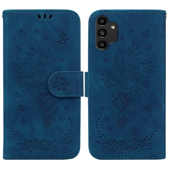 Feishell Wallet Phone Case for Samsung Galaxy A13 4G,for Women Men,Butterfly & Rose Embossed PU Leather Magnetic Clasp Flip Stand Card Slots Shockproof Ultra Thin Protective Cover,Blue