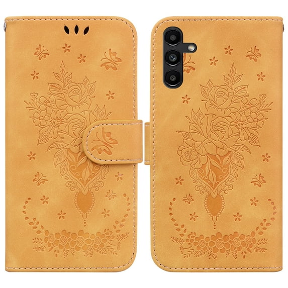Feishell Wallet Phone Case for Samsung Galaxy A13 5G,for Women Men,Butterfly & Rose Embossed PU Leather Magnetic Clasp Flip Stand Card Slots Shockproof Ultra Thin Protective Cover,Yellow
