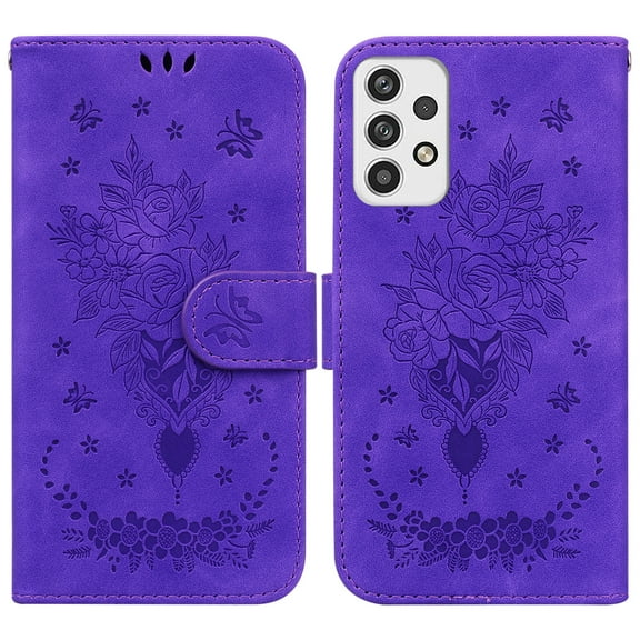 Feishell Wallet Phone Case for Samsung Galaxy A23 4G,for Women Men,Butterfly & Rose Embossed PU Leather Magnetic Clasp Flip Stand Card Slots Shockproof Ultra Thin Protective Cover,Purple