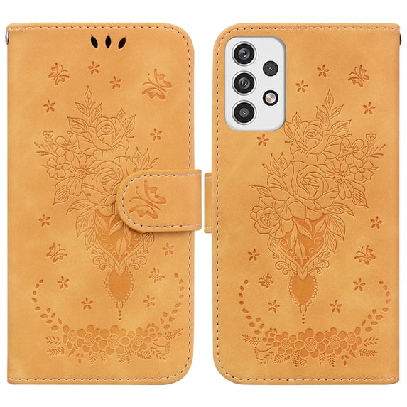 Feishell Wallet Phone Case for Samsung Galaxy A23 4G,for Women Men,Butterfly & Rose Embossed PU Leather Magnetic Clasp Flip Stand Card Slots Shockproof Ultra Thin Protective Cover,Yellow