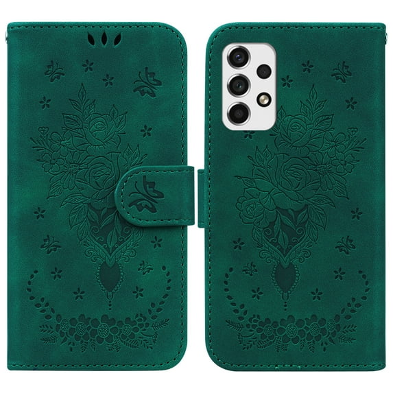 Feishell Wallet Phone Case for Samsung Galaxy A53 5G,for Women Men,Butterfly & Rose Embossed PU Leather Magnetic Clasp Flip Stand Card Slots Shockproof Ultra Thin Protective Cover,Green