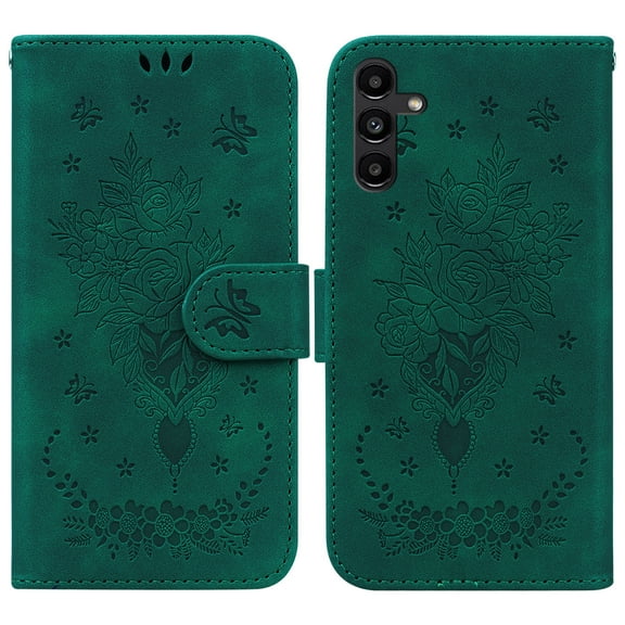 Feishell Wallet Phone Case for Samsung Galaxy A54 5G,for Women Men,Butterfly & Rose Embossed PU Leather Magnetic Clasp Flip Stand Card Slots Shockproof Ultra Thin Protective Cover,Green