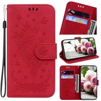 Feishell Wallet Phone Case for Samsung Galaxy S23 Ultra,for Women Men,Butterfly & Rose Embossed PU Leather Magnetic Clasp Flip Stand Card Slots Shockproof Ultra Thin Protective Cover,Red