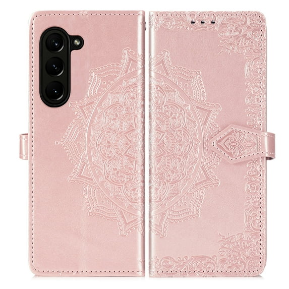 Feishell Wallet Phone Case for Samsung Galaxy Z Fold 6,Magnetic Clasp Flip Kickstand Credit Card Slots Embossed PU Leather Shockproof Protective Phone Cover,Rosegold