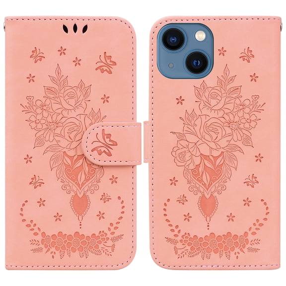 Feishell Wallet Phone Case for iPhone 14 Plus,for Women Men,Butterfly & Rose Embossed PU Leather Magnetic Clasp Flip Stand Card Slots Shockproof Ultra Thin Protective Cover,Pink