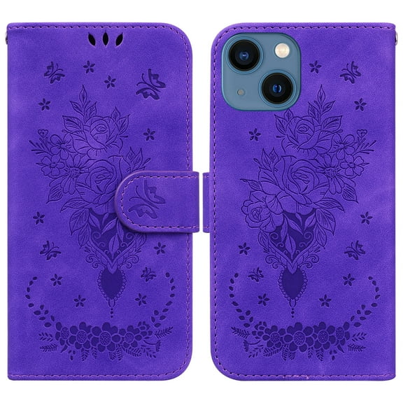 Feishell Wallet Phone Case for iPhone 14 Plus,for Women Men,Butterfly & Rose Embossed PU Leather Magnetic Clasp Flip Stand Card Slots Shockproof Ultra Thin Protective Cover,Purple