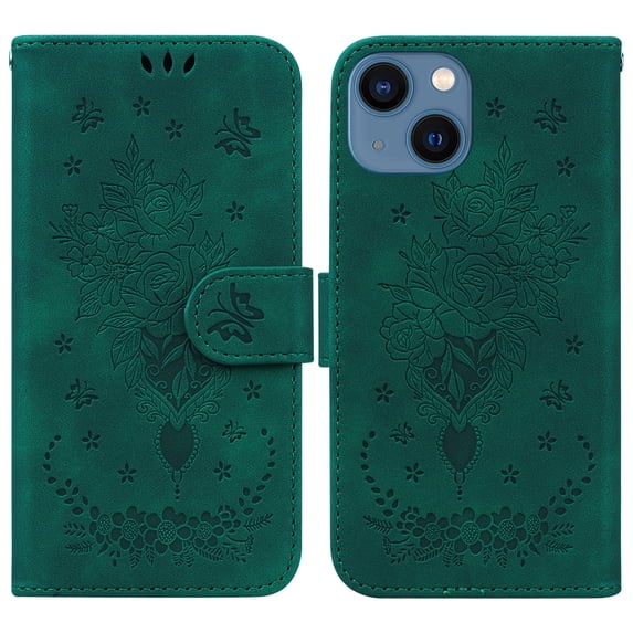 Feishell Wallet Phone Case for iPhone 14 Plus,for Women Men,Butterfly & Rose Embossed PU Leather Magnetic Clasp Flip Stand Card Slots Shockproof Ultra Thin Protective Cover,Green