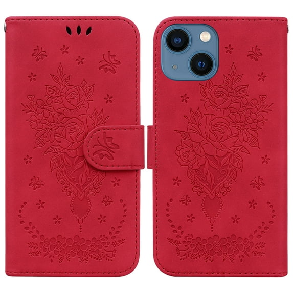 Feishell Wallet Phone Case for iPhone 14,for Women Men,Butterfly & Rose Embossed PU Leather Magnetic Clasp Flip Stand Card Slots Shockproof Ultra Thin Protective Cover,Red