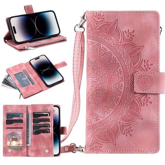 Feishell Zipper Wallet Case for Moto G Play 4G 2024,for Women Men,Stylish Embossed Pattern PU Leather Multi Card Slots Magnetic Clasp Flip Kickstand Crossbody Phone Case with Shoulder Strap,Pink